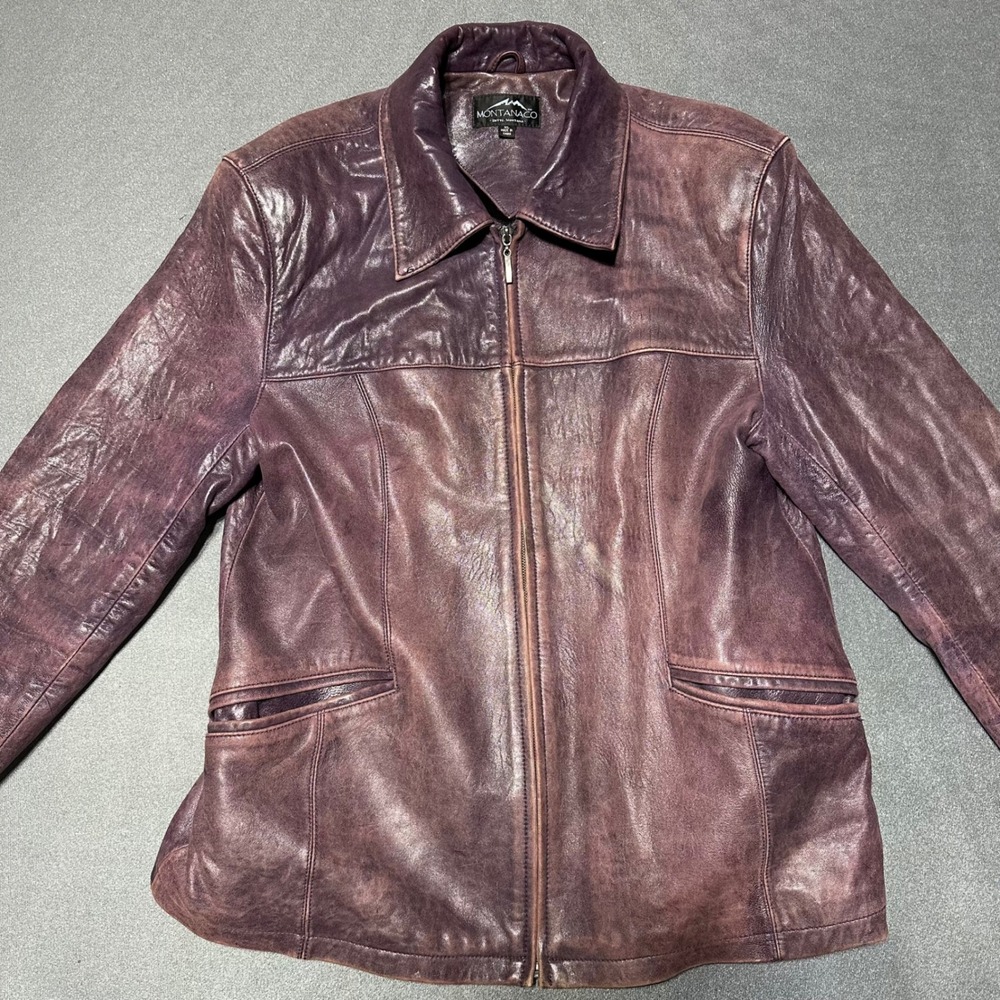Montanaco Leather Jacket Womens XL Purple Distressed Full Zip Butte Montana Coat